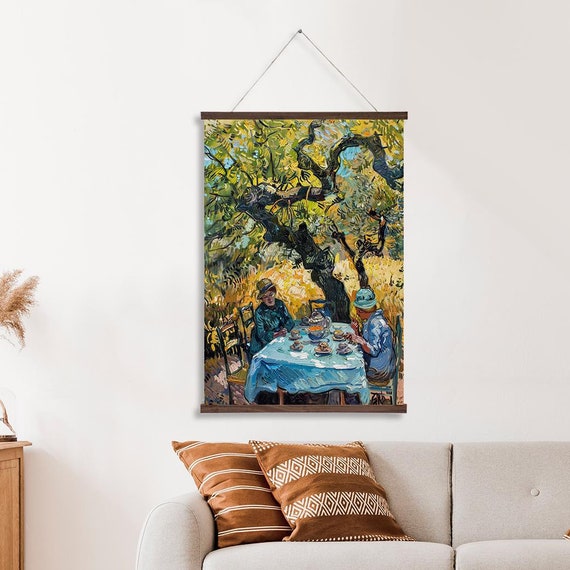 Tea Under The Olive Tree Wall Hanging Tea Garden Art For Rustic Home Decor Printed On Premium With Real Walnut Wooden Hangers