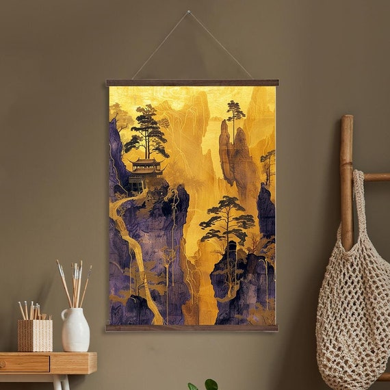Golden Peaks Wall Hanging Majestic Mountain Landscape Zen Temple Wall Art Printed On Premium Real Walnut Wooden Hangers