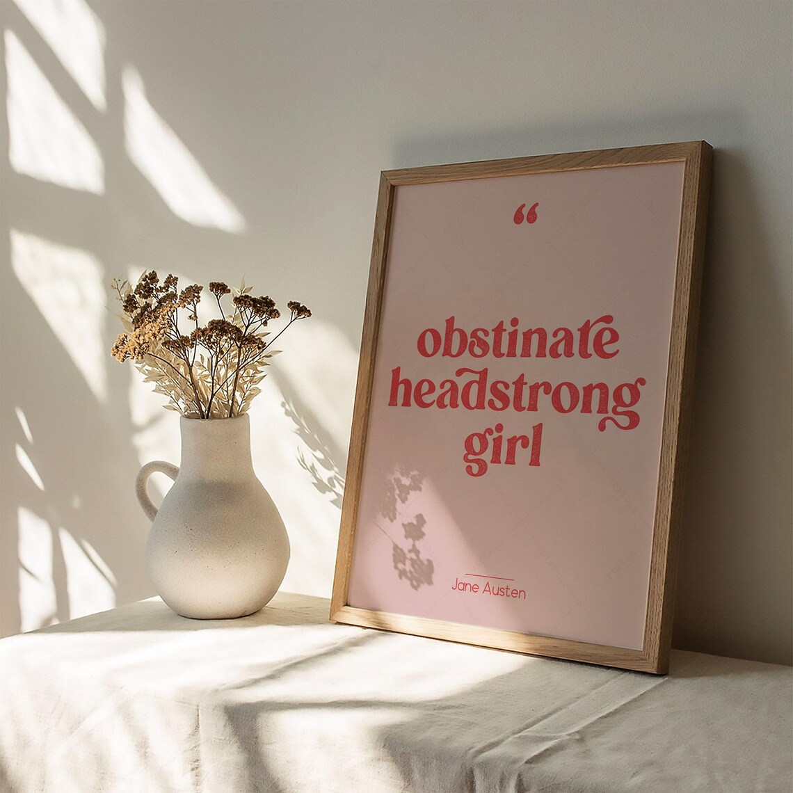 Jane Austen Obstinate Headstrong Girl Pink Feminist Quote Wall Art Print - Image 2