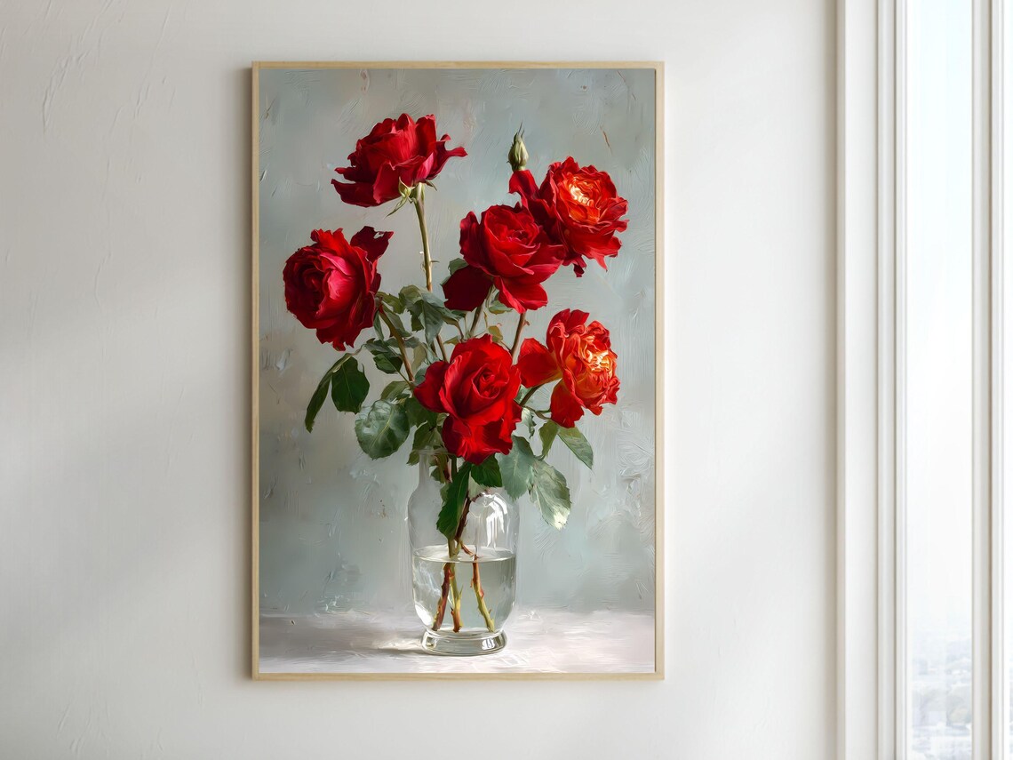 Red Roses in a Glass Vase Still Life Oil Painting Style Poster