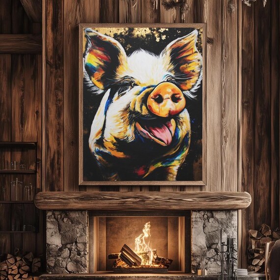 Funny Pig Wall Art Colorful Animal Canvas Quirky Farmhouse Decor Whimsical Cabin Modern Trendy Kitchen Print