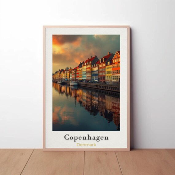 Copenhagen Denmark Nyhavn Colorful Harbor Sunset Travel Poster
