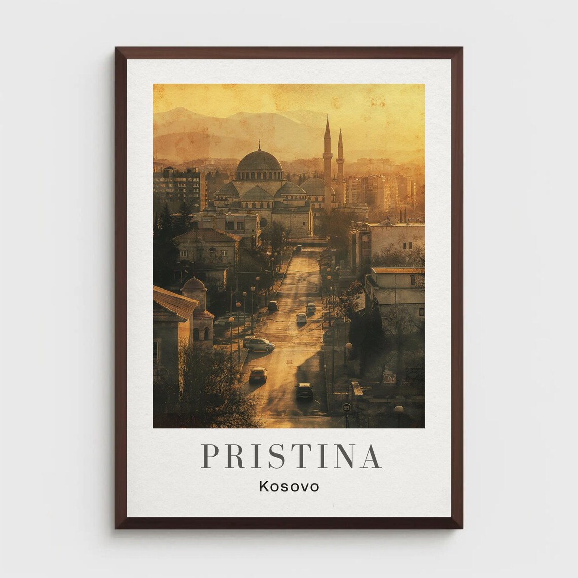 Pristina Kosovo Travel Poster Sunset Mosque Golden Cityscape View