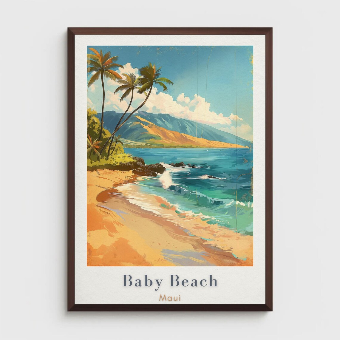Baby Beach Maui Palm Trees Tropical Ocean Retro Vintage Travel Poster