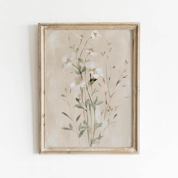 Delicate White Wildflower Printable Muted Neutral Botanical Wall Art Vintage Summer Decor Beige Background Digital Download 473