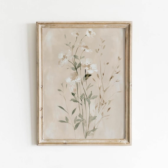 White Wildflower Bouquet Muted Sage Vintage Neutral Floral Poster
