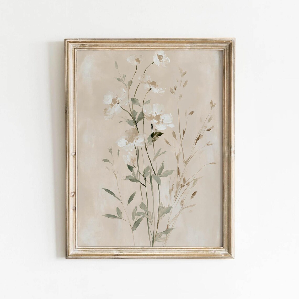 White Wildflower Bouquet Muted Sage Vintage Neutral Floral Poster