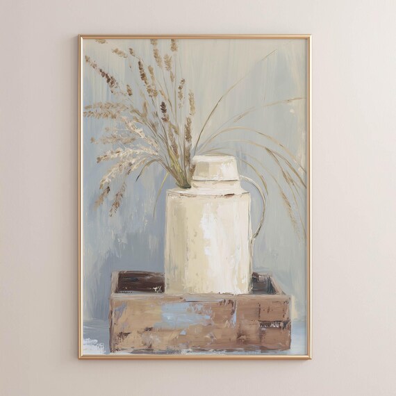 Cream Ceramic Jar Dried Grasses Rustic Still Life Poster Print Neutral Beige Tan Muted Blue Vintage Cottagecore Oil Painting Style 0563