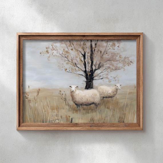 Two White Sheep in Golden Meadow, Rustic Cottagecore Art Print