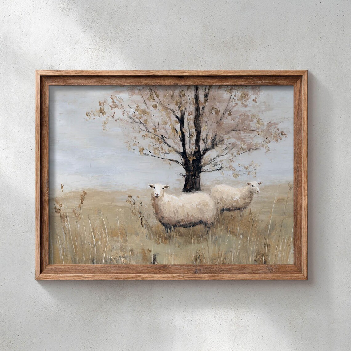 Two White Sheep in Golden Meadow, Rustic Cottagecore Art Print