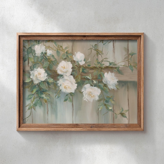 Climbing White Roses Sage Green Vines Soft Cottage Floral Poster
