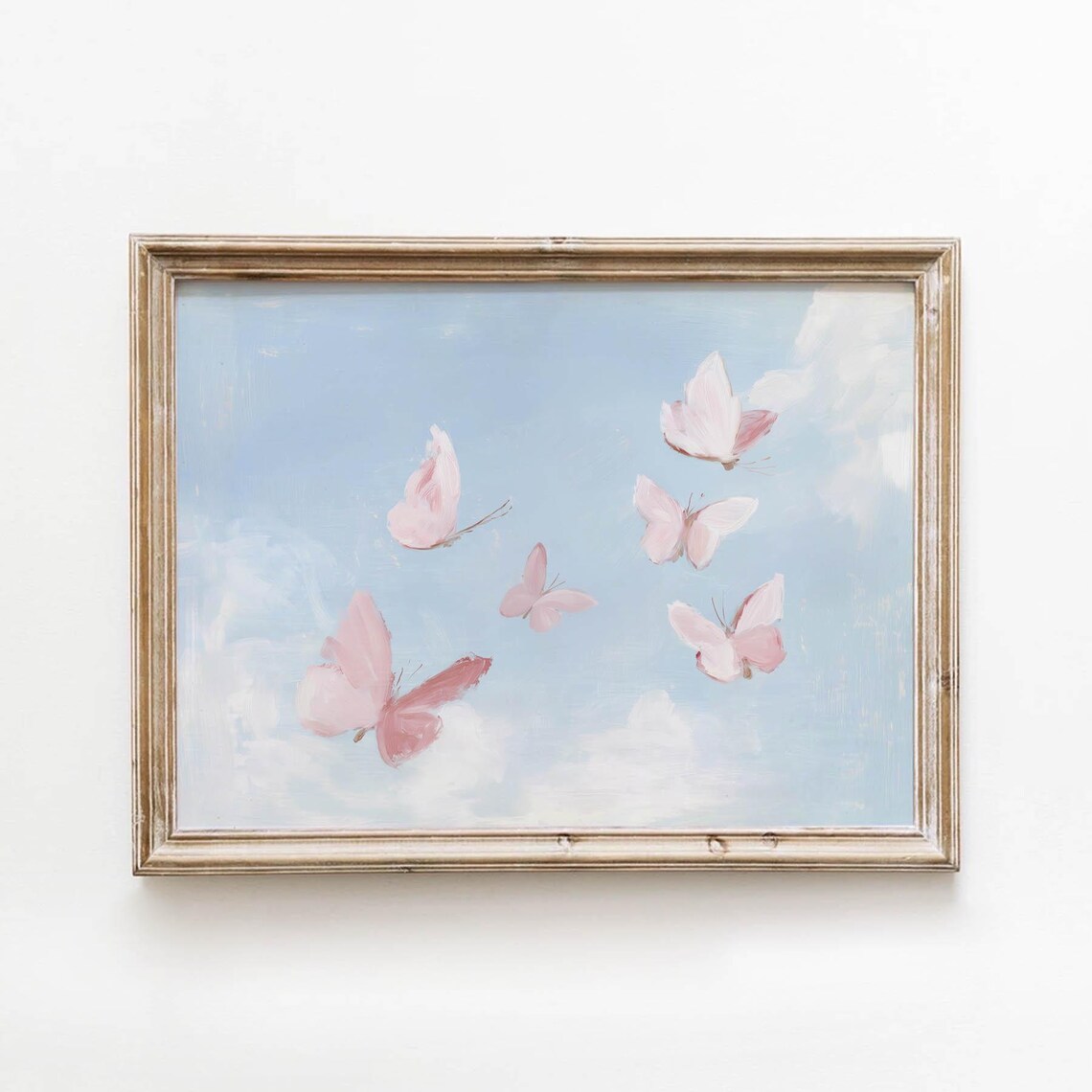Soft Pink Butterflies Art Print, Dreamy Blue Sky