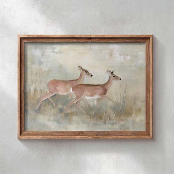 Deer Running Through Meadow Neutral Landscape Poster Print Soft Beige Tan Dusty Blue Nature Art Rustic Country Wall Decor 0521