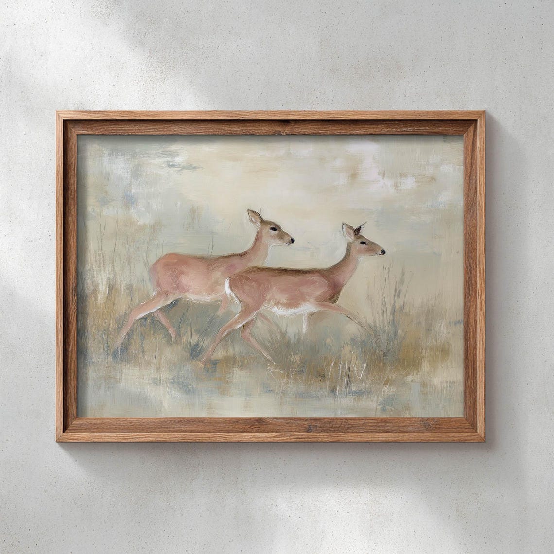 Two Deer Running Through A Misty Meadow Soft Vintage Oil Style Poster