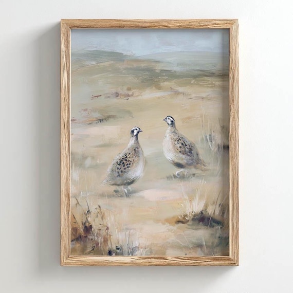Printed Quail Birds In Sandy Landscape Rustic Neutral Poster Muted Beige Tan Vintage Country Decor Oil Painting Style 0612