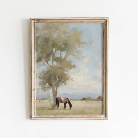 Vintage Horse Grazing Pasture Printable Rustic Landscape Wall Art Muted Green Farmhouse Decor Digital Download 542