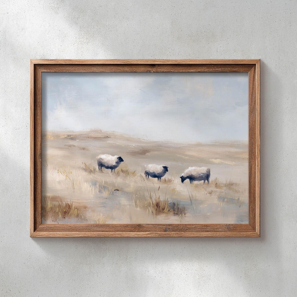 Sheep Grazing Sandy Landscape, Rustic Cottage Art Print