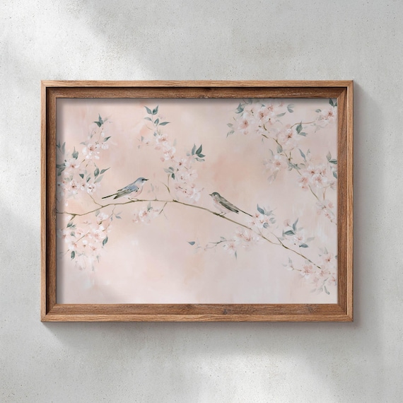 Two Songbirds On Pink Blossoming Branch Soft Blush Floral Art Print