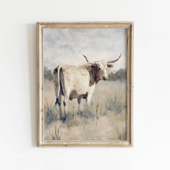 Muted Longhorn Portrait Printable Rustic Cattle Wall Art Vintage Western Decor Neutral Farmhouse Download 597