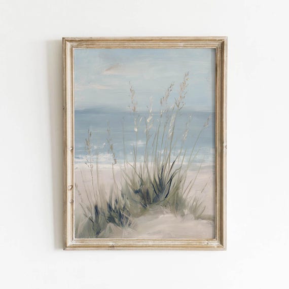 Coastal Sand Dunes Sea Grass Printable Muted Blue Beige Wall Art Vintage Beach Landscape Decor Neutral Digital Download 456