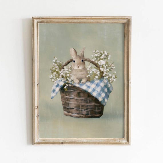 Spring Bunny In Basket, Vintage Rabbit Poster