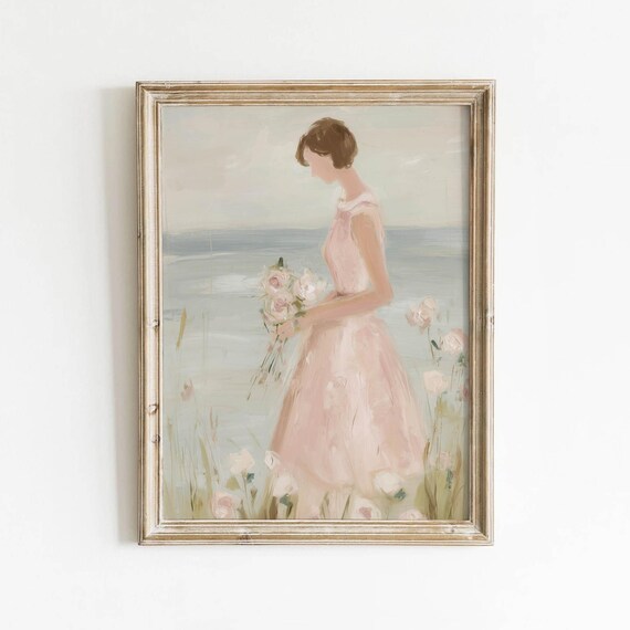 Young Woman In Pastel Dress With Flowers, Art Print