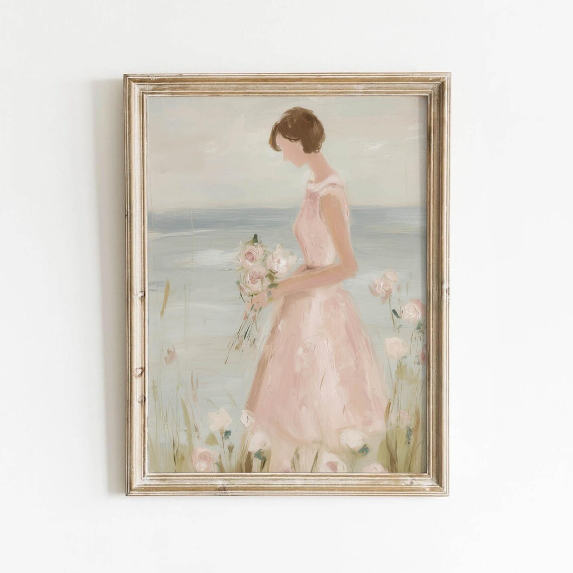 Young Woman In Pastel Dress With Flowers, Art Print