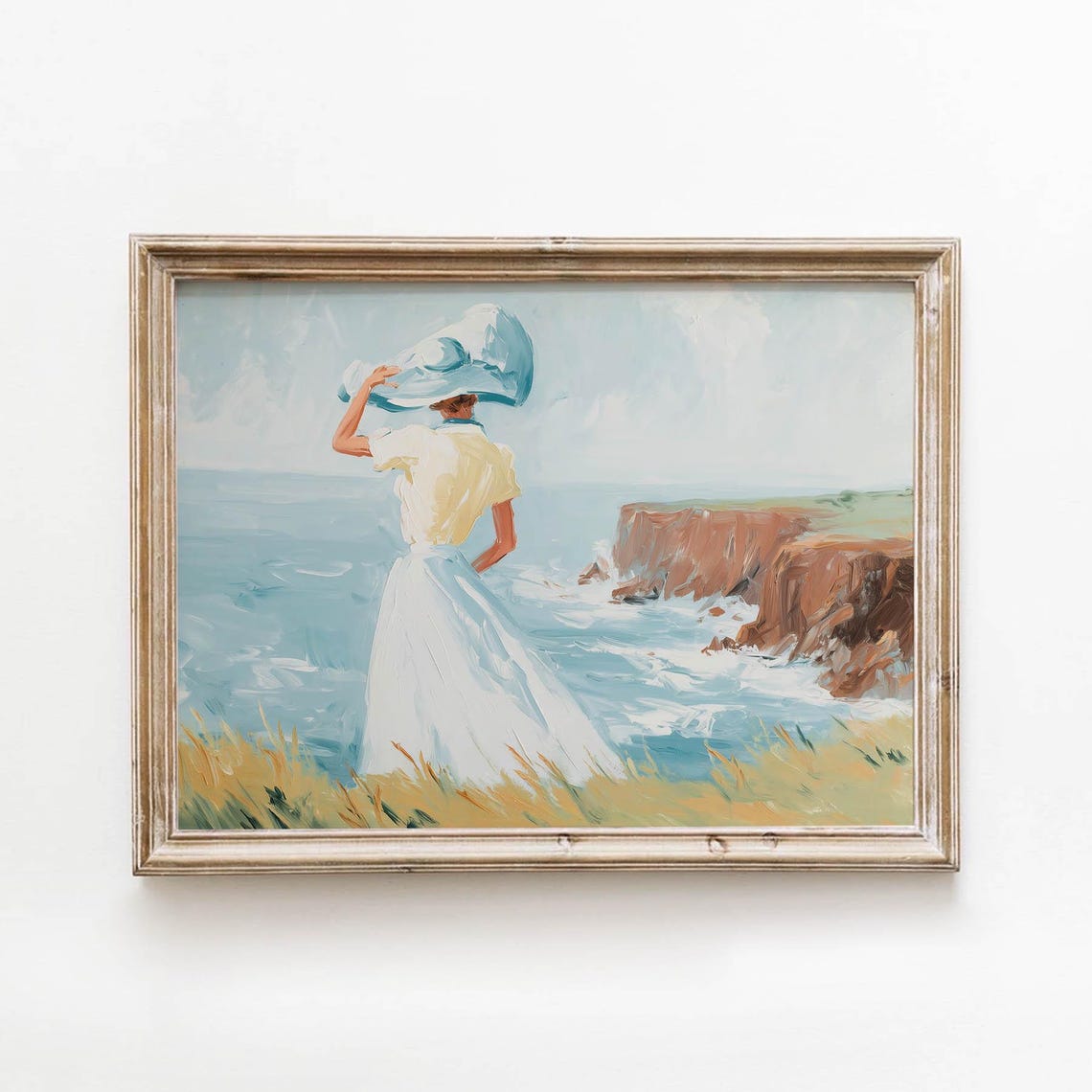 Woman Sunhat Ocean Cliffs Impressionist Coastal Painting Wall Art