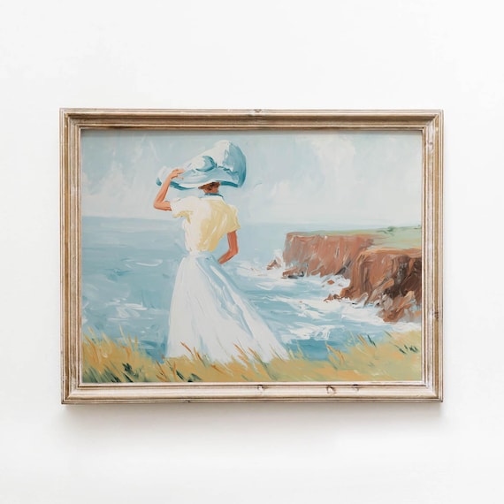 Woman Sunhat Ocean Cliffs Impressionist Coastal Painting Wall Art