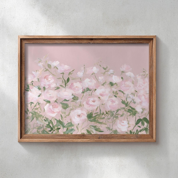 Blush Pink Rose Garden Watercolor Romantic Floral Painting Soft Botanical Wall Art