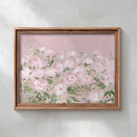 Printed Rose Garden Wall Art Blush Pink Floral Painting Romantic Cottage Decor Soft Botanical Poster Vintage Farmhouse Print 0671