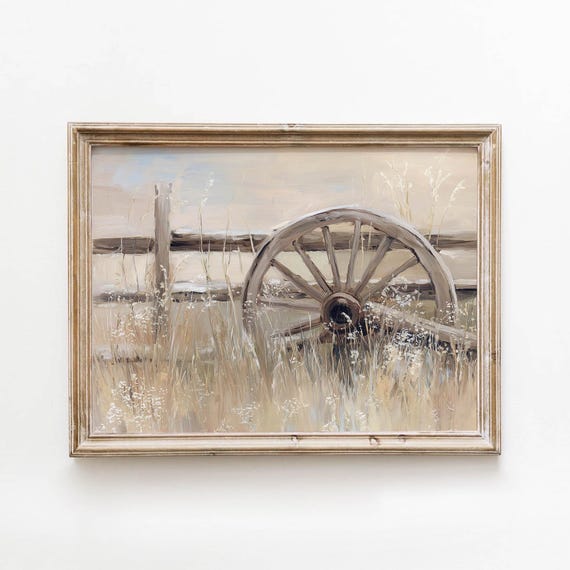 Vintage Wagon Wheel Prairie Rustic Farmhouse Printable Wall Art Neutral Western Landscape Decor Digital Download 550