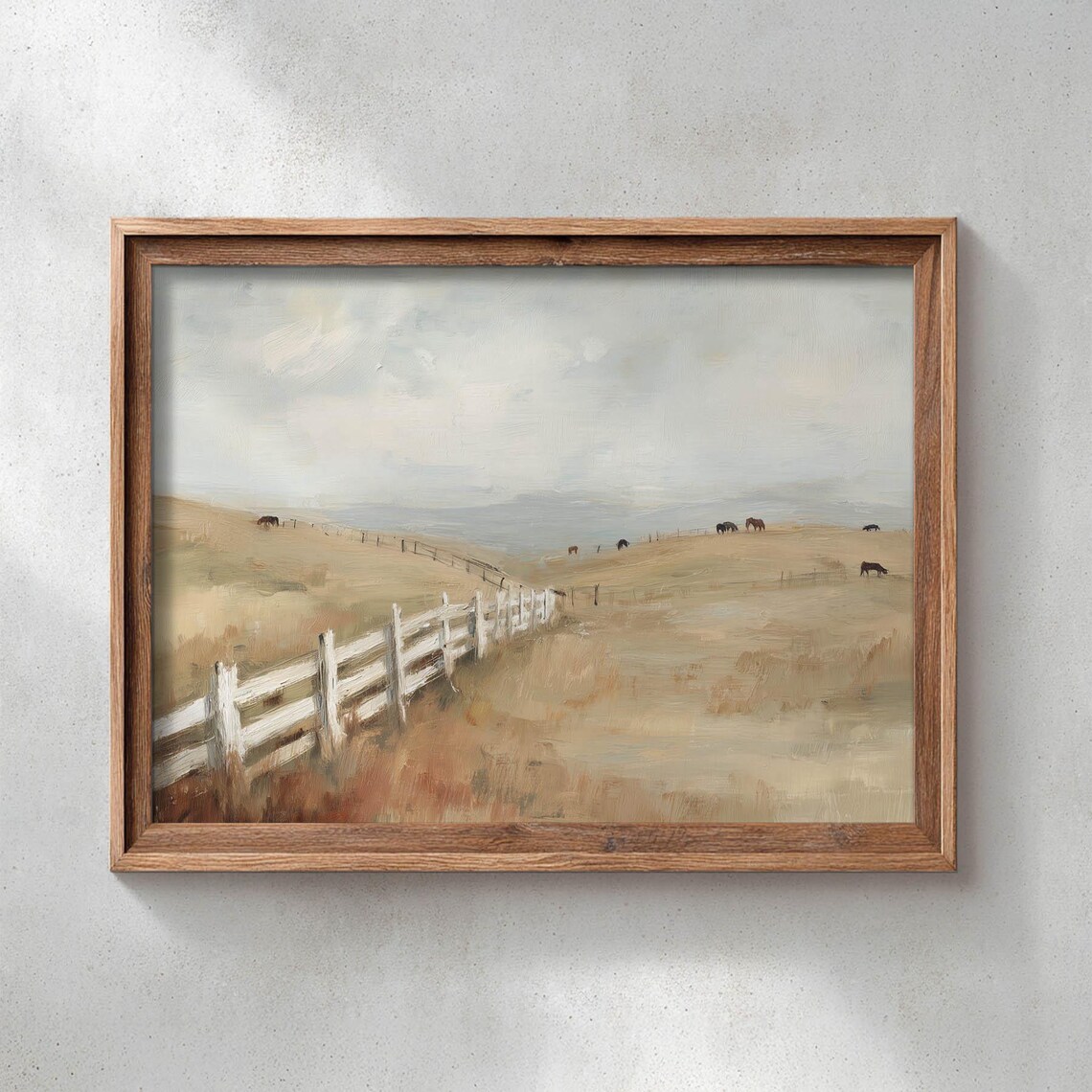 Horses Grazing Misty Pasture White Fence Rustic Countryside Art Poster