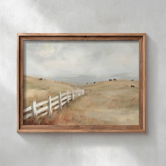 Horses Grazing Misty Pasture White Fence Rustic Countryside Art Poster