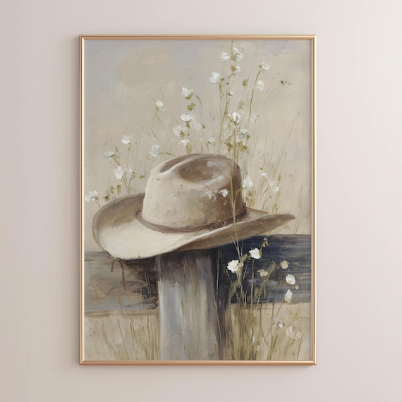 Cowboy Hat Fence Post White Wildflowers Western Rustic Art Poster