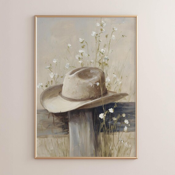 Poster Print Cowboy Hat On Weathered Fence Post Wild White Flowers Rustic Western Decor Neutral Beige Taupe Vintage Country Art 0527