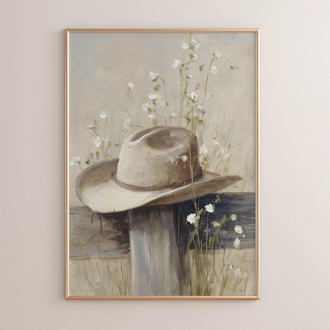 Cowboy Hat Fence Post White Wildflowers Western Rustic Art Poster