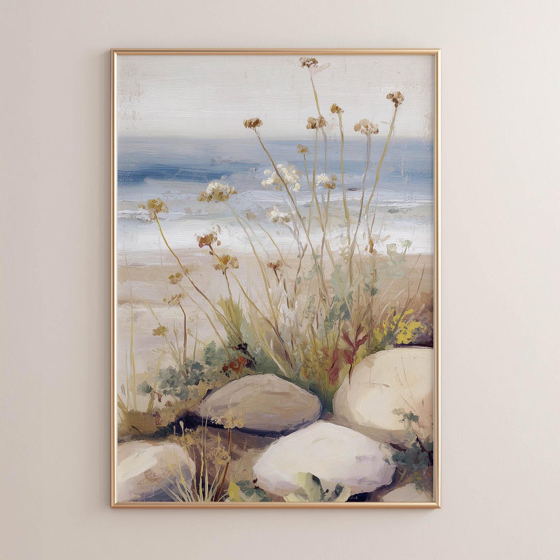 Coastal Wildflowers Beach Rocks Serene Neutral Seaside Poster