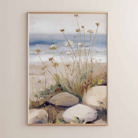 Printed Coastal Wildflowers Painting Beach Rocks Neutral Wall Art Serene Seaside Landscape Rustic Ocean Decor Vintage Poster Print P464