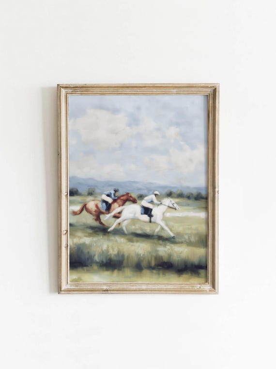 Vintage Racehorses In Country Landscape Printable Soft Equestrian Painting Moody Spring Wall Art Decor Digital Download 148