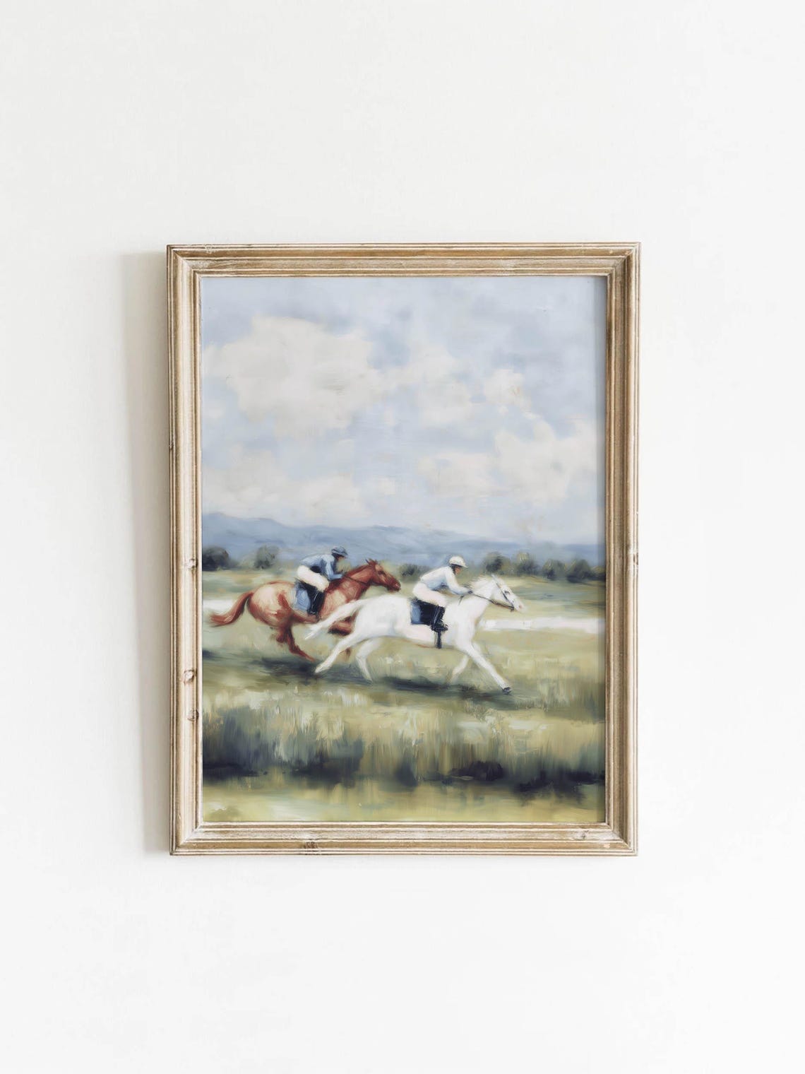 Jockeys Racing Galloping Horses Soft Oil Painting Equestrian Poster