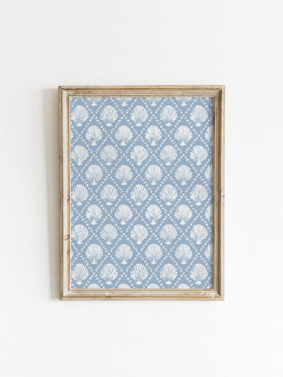 Blue Seashell Pattern Coastal Nautical Cottagecore Wallpaper Style Art Print