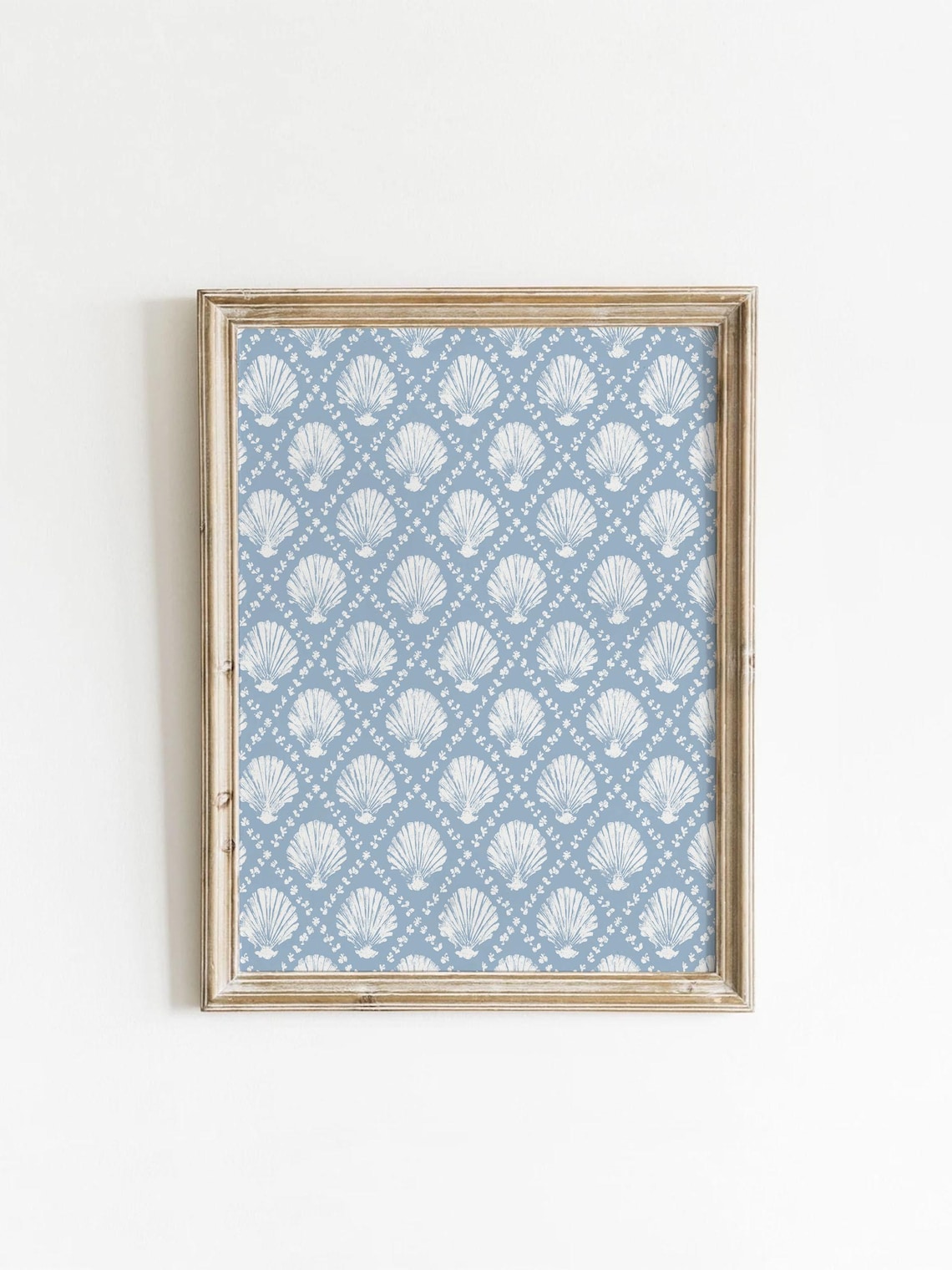 Blue Seashell Pattern Coastal Nautical Cottagecore Wallpaper Style Art Print