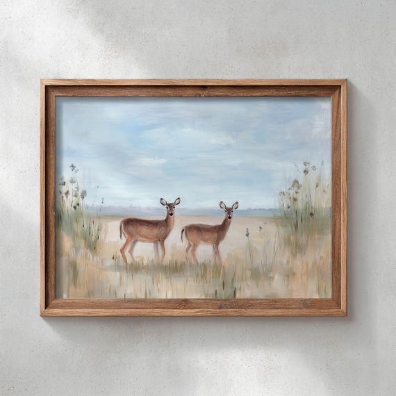 Printed Deer In Meadow, Rustic Nature Landscape Poster