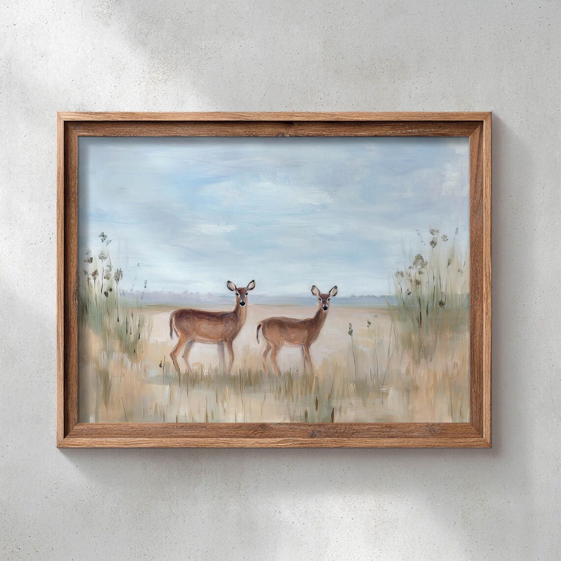 Printed Deer In Meadow, Rustic Nature Landscape Poster