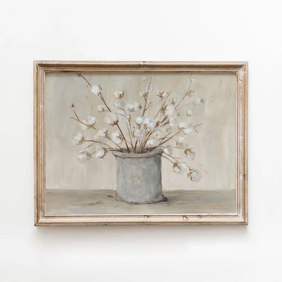 Vintage Gray Pot Cotton Stems Printable Neutral Farmhouse Wall Art Cottagecore Still Life Decor Digital Download 509