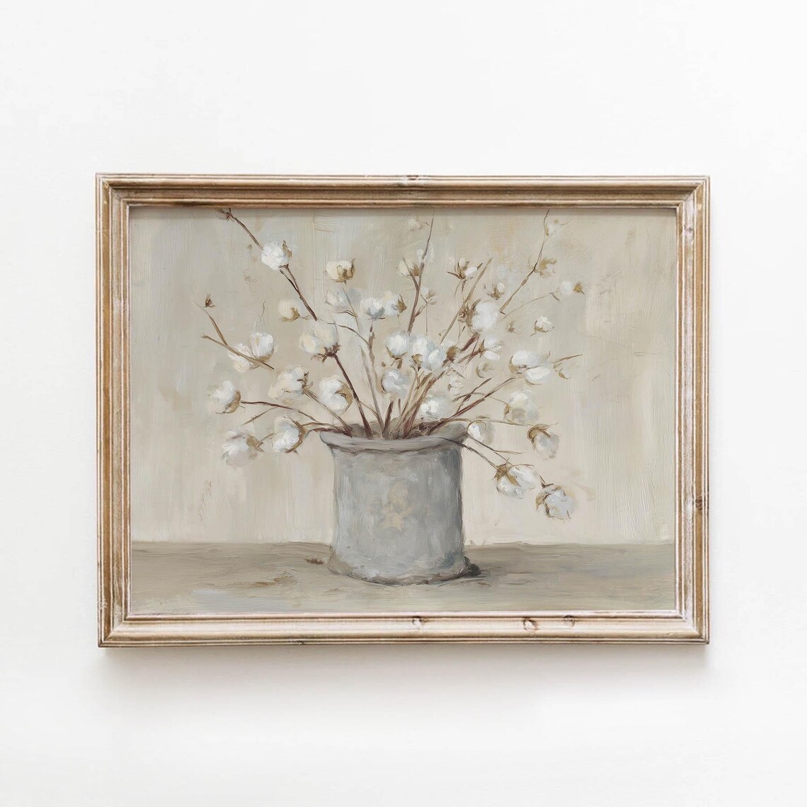 Vintage Gray Pot Cotton Stems Neutral Farmhouse Still Life Art Poster