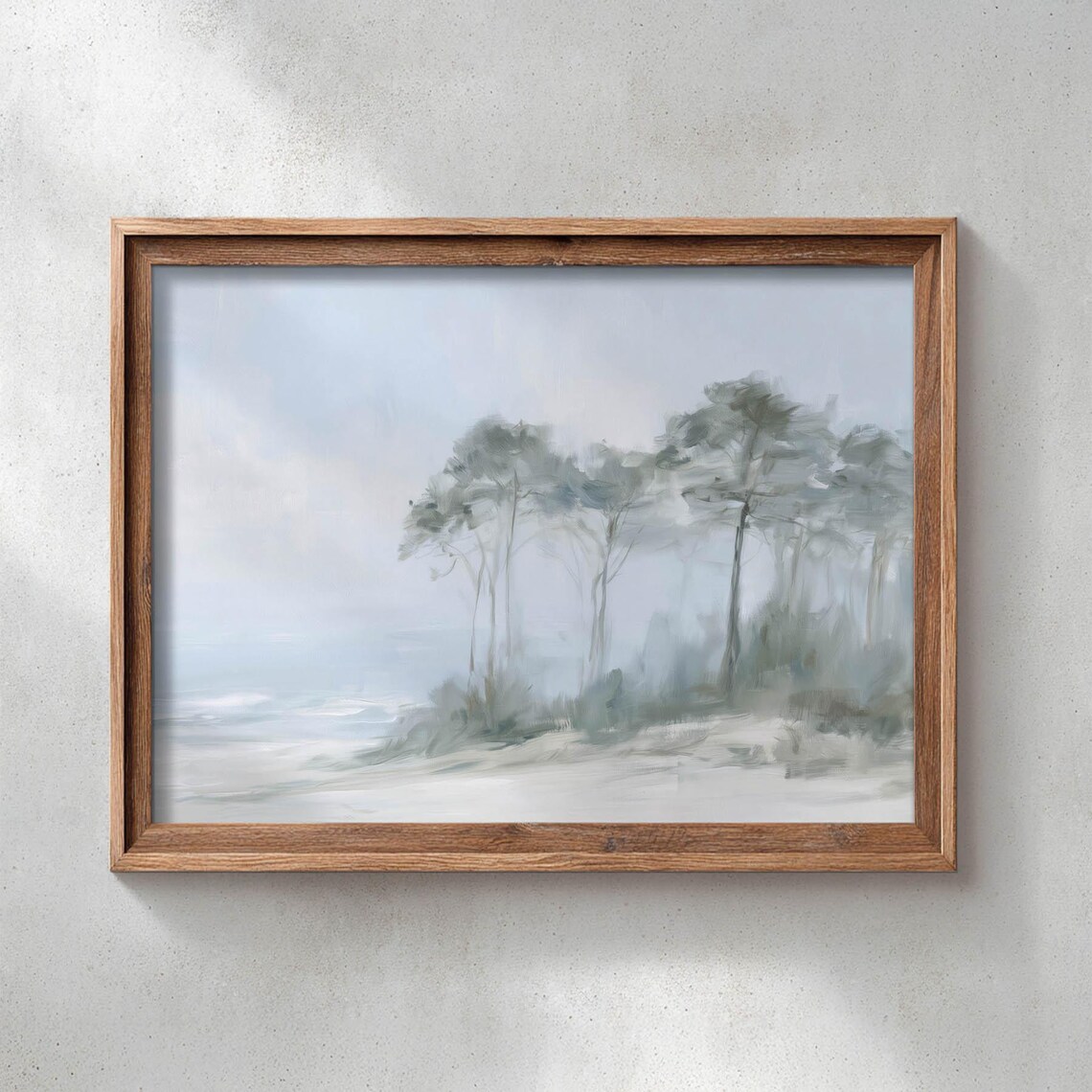 Misty Coastal Landscape With Tall Trees Moody Blue Gray Shore Painting Poster
