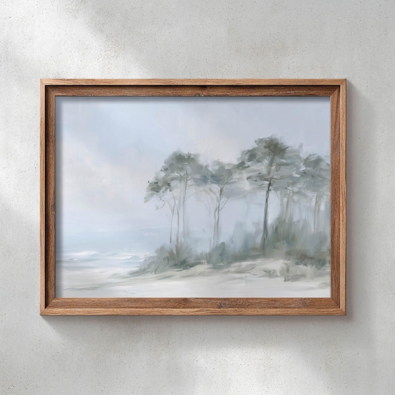 Misty Coastal Landscape With Tall Trees Moody Blue Gray Shore Painting Poster