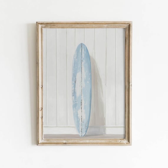 Vintage Light Blue Surfboard Against Shiplap Wall Coastal Beach House Decor Retro Surf Art Muted Nautical Printable Digital Download 726